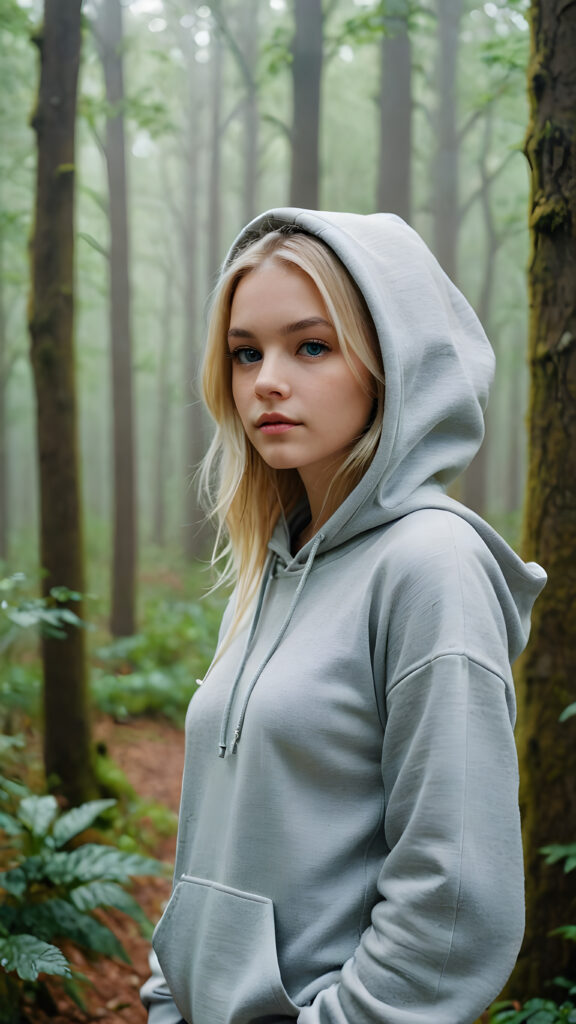 detailed and realistic pictures: a young blond girl in a big foggy forest, feel lonely, she wears a hoodie