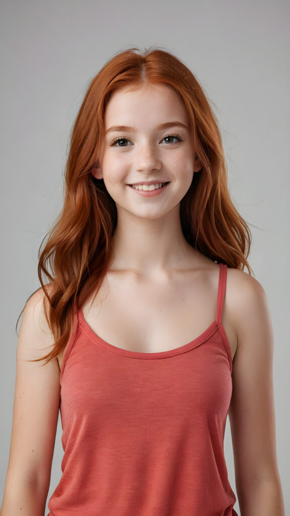 detailed and realistic photo from a (((cute little red-haired young teen girl))), straight long soft hair, smile very happy, stands confidently, she wears a thin tank top, perfect body ((perfect portrait)) ((empty backdrop))