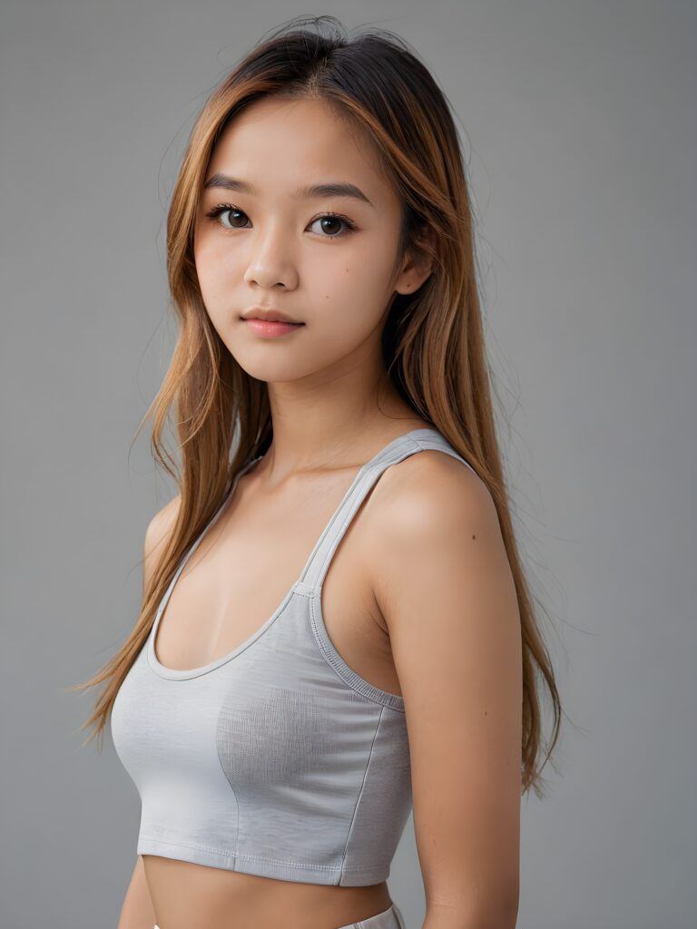 detailed and realistic portrait: an Asian teen girl, 15 years old, (((long, straight light amber hair))), beautifully realistic, realistic detailed angelic round face, looks at the camera, perfect curved body, (wears a super short tight (white crop tank top), perfect anatomy, side perspective, ((grey background))