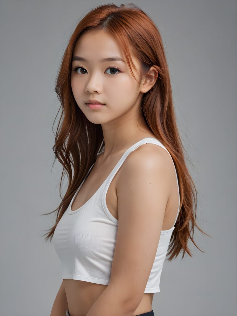 detailed and realistic portrait: an Asian teen girl, 15 years old, (((long, straight auburn-red hair))), beautifully realistic, realistic detailed angelic round face, looks at the camera, perfect curved body, (wears a super short tight (white crop tank top), perfect anatomy, side perspective, ((grey background))