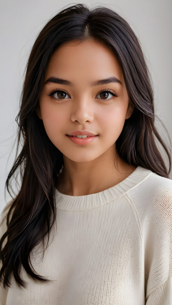 detailed and realistic photo: a beautiful, breathtaking brown-skinned teenage girl with silky smooth obsidian soft black straight hair looks at the viewer in amazement. She has a round face, smooth, white skin and full, plump lips. Her mouth is slightly open with white teeth. The picture is bathed in warm light and creates perfect shadows. She wears a thin, tight-fitting sweater that emphasizes her wonderful body. Her beautiful brown eyes reflect a little light. ((stunning)) ((gorgeous)) ((white background))