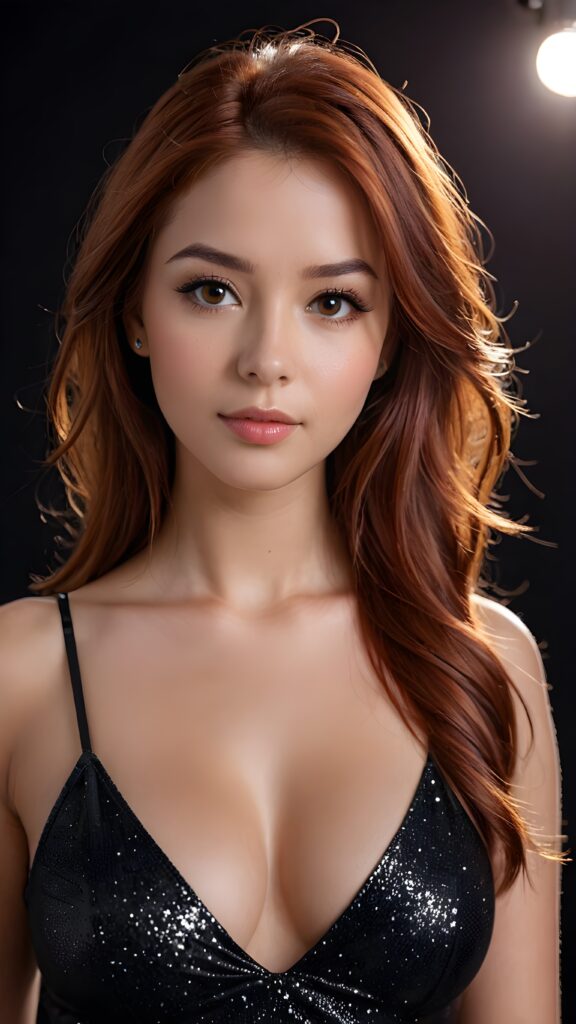 detailed and realistic photo of a young girl with flawless skin. She has long, straight red hair that falls over her upper body. She is wearing a tight, short top which emphasizes her perfect, sculpted body and has a plunging neckline. Her gaze is seductive and she looks directly at the viewer. Her brown eyes shine and sparkle, reflecting a little light. Low light falls into the picture and casts shadows, black empty backdrop