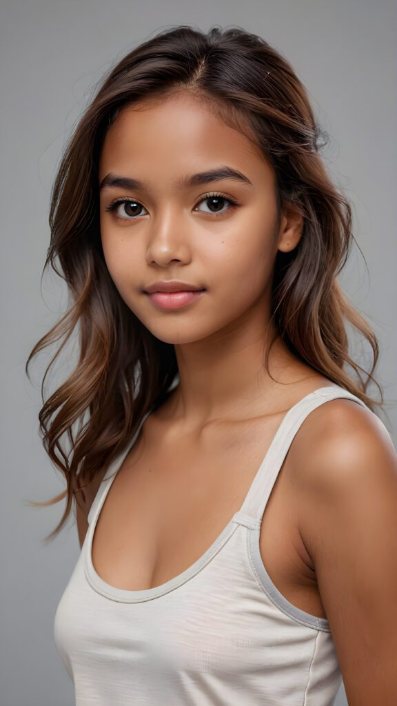 detailed and realistic 3D pictures: a ((brown-skinned cute teenage girl)), white short tank top, soft long hair, (grey background)