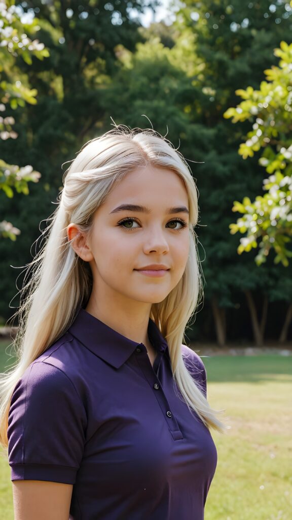 detailed and realistic photo from a young teenage girl in short-sleeved dark purple polo shirt, her high collar is fully buttoned up and the collar is firm around her neck, wearing jeans, straight long jet soft white hair, natural backdrop