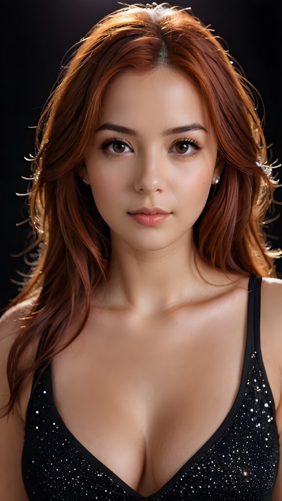 detailed and realistic photo of a young girl with flawless skin. She has long, straight red hair that falls over her upper body. She is wearing a tight, short top which emphasizes her perfect, sculpted body and has a plunging neckline. Her gaze is seductive and she looks directly at the viewer. Her brown eyes shine and sparkle, reflecting a little light. Low light falls into the picture and casts shadows, black empty backdrop