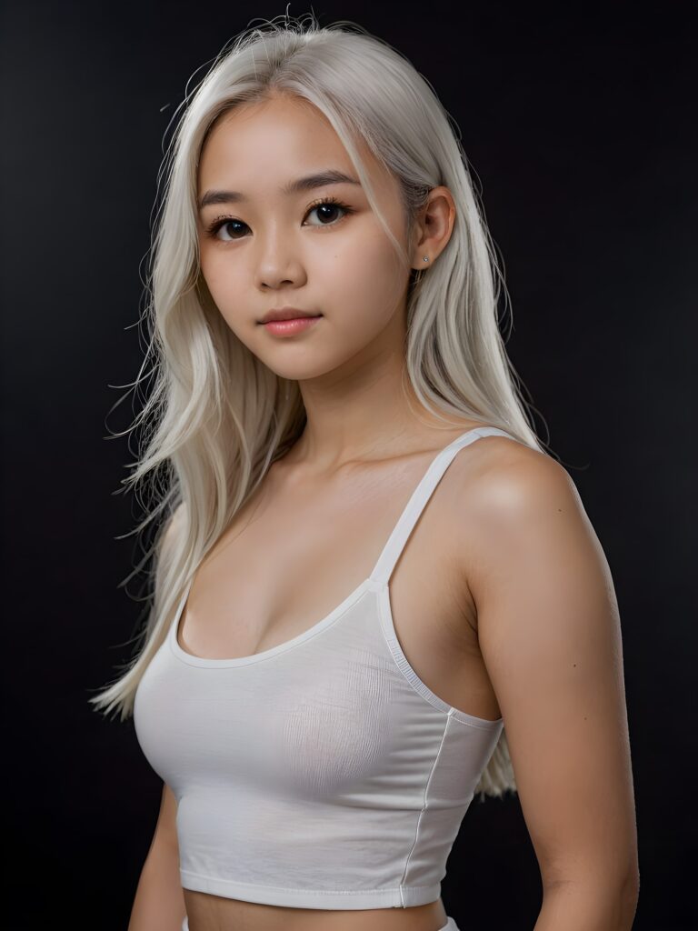 detailed and realistic portrait: an Asian teen girl, 15 years old, (((long, straight white hair))), beautifully realistic, realistic detailed angelic round face, looks at the camera, perfect curved body, (wears a super short tight (white crop tank top), perfect anatomy, side perspective, ((dark background))