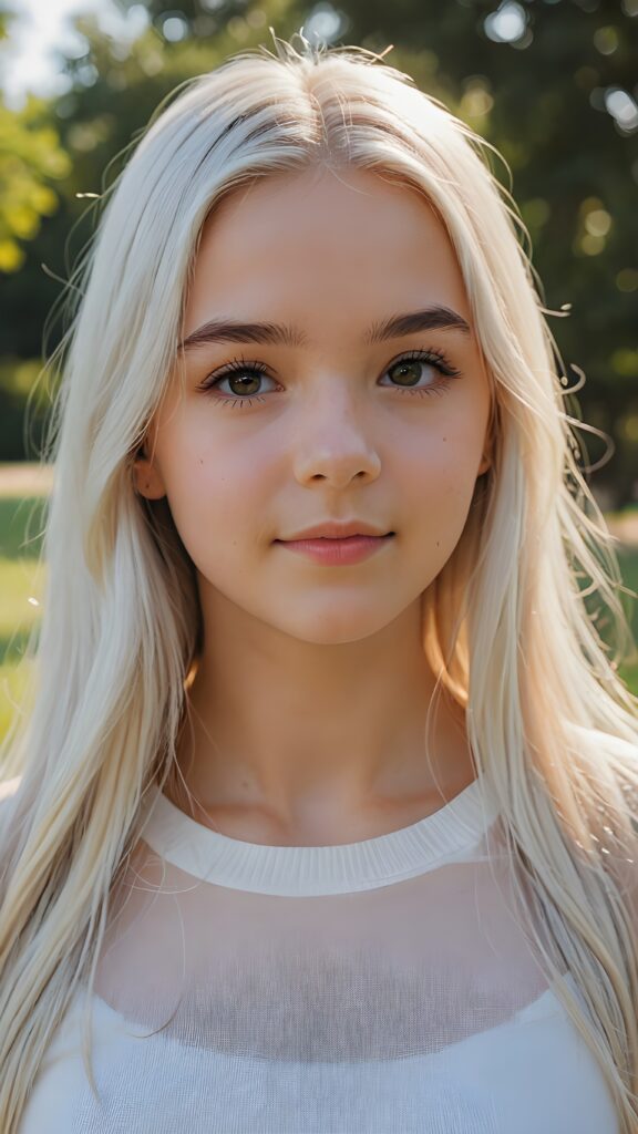 detailed and realistic photo from a young teenage girl, straight long jet soft white hair, natural backdrop