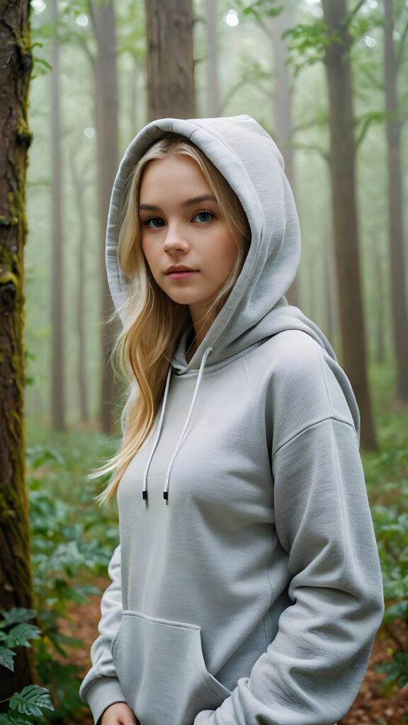 detailed and realistic pictures: a young blond girl in a big foggy forest, feel lonely, she wears a hoodie