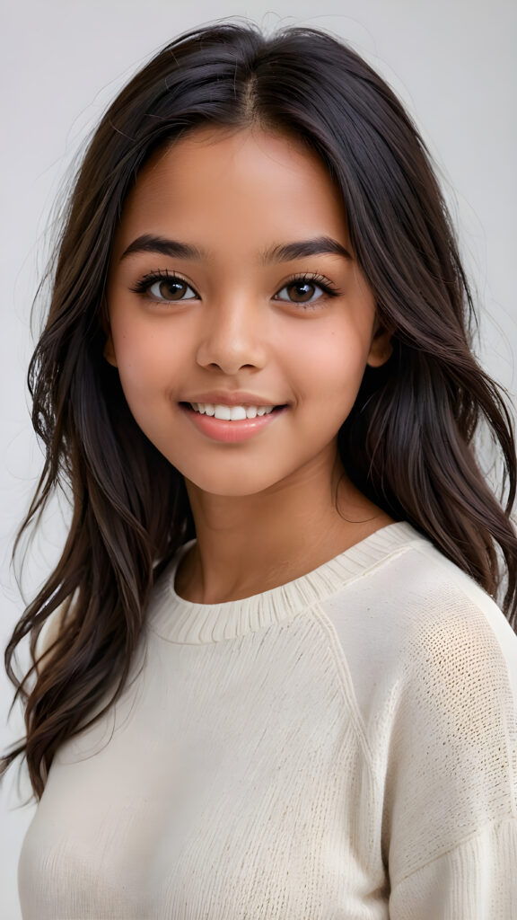 detailed and realistic photo: a beautiful, breathtaking brown-skinned teenage girl with silky smooth obsidian soft black straight hair looks at the viewer in amazement. The hair reaches down to the shoulders and is cut straight. She has a round face, smooth, white skin and full, plump lips. Her mouth is slightly open with white teeth. The picture is bathed in warm light and creates perfect shadows. She wears a thin, tight-fitting sweater that emphasizes her wonderful body. Her beautiful brown eyes reflect a little light. ((stunning)) ((gorgeous)) ((white background))