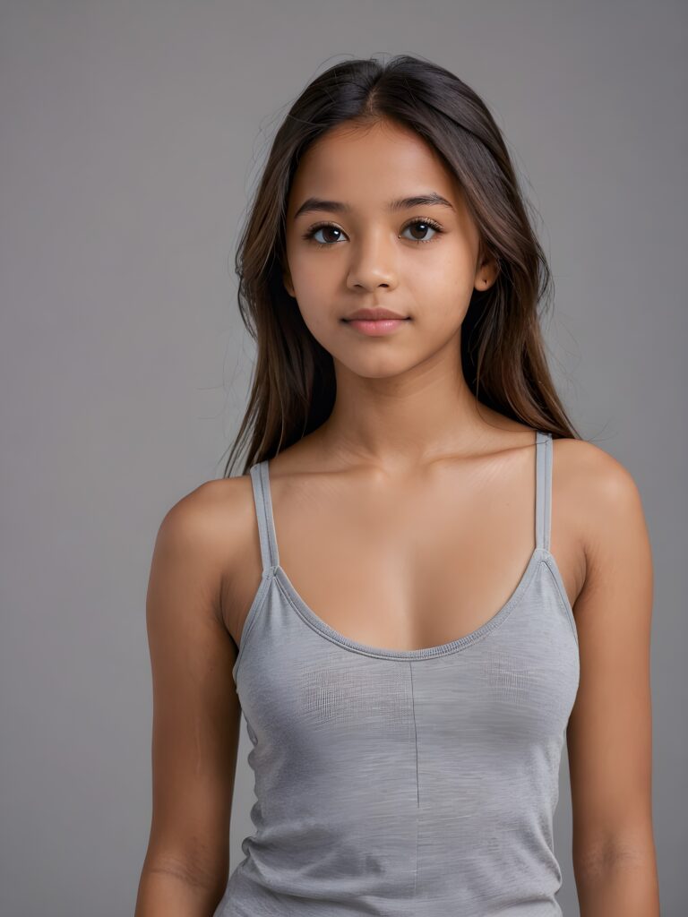 detailed and realistic portrait from a brown-skinned Exotic teen girl, 14 years old, long straight hair, realistic detailed angelic round face, perfect curved body, ((low cut tight (tank top))), perfect anatomy, side perspective, ((grey background))