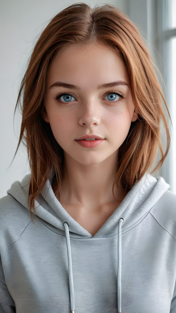 detailed and realistic photo: a beautiful, breathtaking teenage girl, 13 years old, with soft auburn straight hair and (light blue eyes)) looks at the viewer in amazement. The hair reaches down to the shoulders and is cut straight. She has a round face, smooth, white skin and full red lips. Her mouth is slightly open with white teeth. The picture is bathed in warm light and creates perfect shadows. She wears a ((thin, tight-fitting grey hoodie)) that emphasizes her wonderful body. Her beautiful brown eyes reflect a little light. ((stunning)) ((gorgeous)) ((white background))