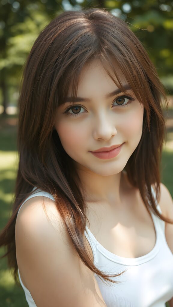 detailed and realistic close-up portrait: a (((beautiful teen girl with (straight burgundy hair with soft layers) and brown eyes))), looks seductively and smiles gently, who exudes a distinct (((sharpness))), coupled with (((pale skin))) and (((vividly full lips))) that curve into, dressed in a (((white crop tank top))), (sunny park in backdrop)