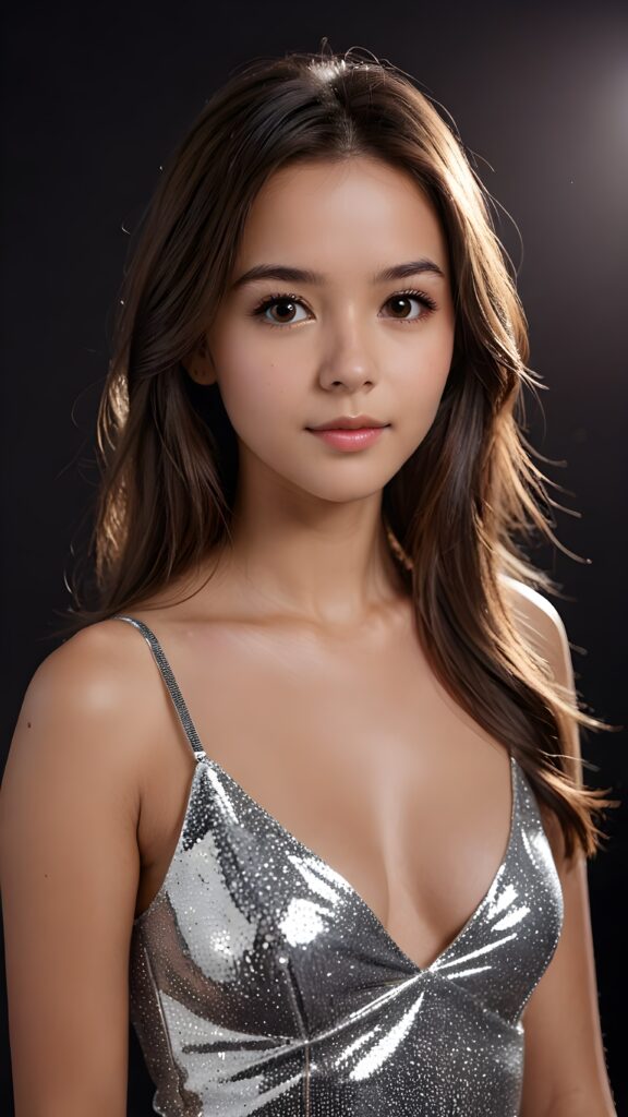 detailed and realistic photo of a young girl with flawless skin. She has long, straight brown hair that falls over her upper body. She is wearing a tight, short top which emphasizes her perfect, sculpted body and has a plunging neckline. Her gaze is seductive and she looks directly at the viewer. Her brown eyes shine and sparkle, reflecting a little light. Low light falls into the picture and casts shadows