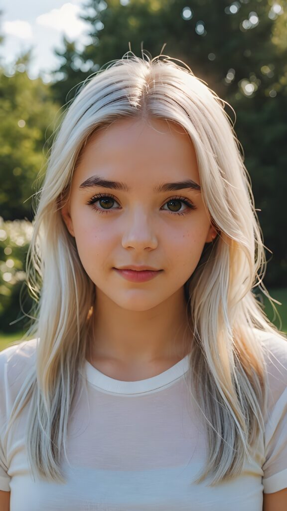 detailed and realistic photo from a young teenage girl, straight long jet soft white hair, natural backdrop