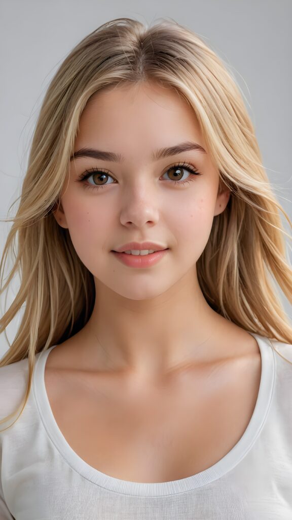 detailed and realistic photo: a beautiful, breathtaking teenage girl with soft blond straight hair looks at the viewer in amazement. The hair reaches down to the shoulders and is cut straight. She has a round face, smooth, white skin and full, plump lips. Her mouth is slightly open with white teeth. The picture is bathed in warm light and creates perfect shadows. She wears a thin, tight-fitting t-shirt that emphasizes her wonderful body. Her beautiful brown eyes reflect a little light. ((stunning)) ((gorgeous)) ((white background)).