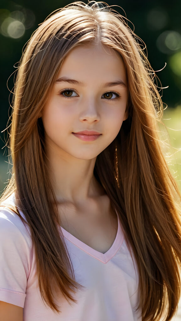 detailed and realistic close-up portrait: a (((beautiful petite teen girl, 13 years old with (long straight soft detailed amber hair, side swept style with wispy layers) and brown eyes))), looks seductively and smiles gently, who exudes a distinct (((sharpness))), coupled with (((pale skin))) and (((vividly full lips))) that curve into, dressed in a (((light pink plain t-shirt, deep v-neck)))