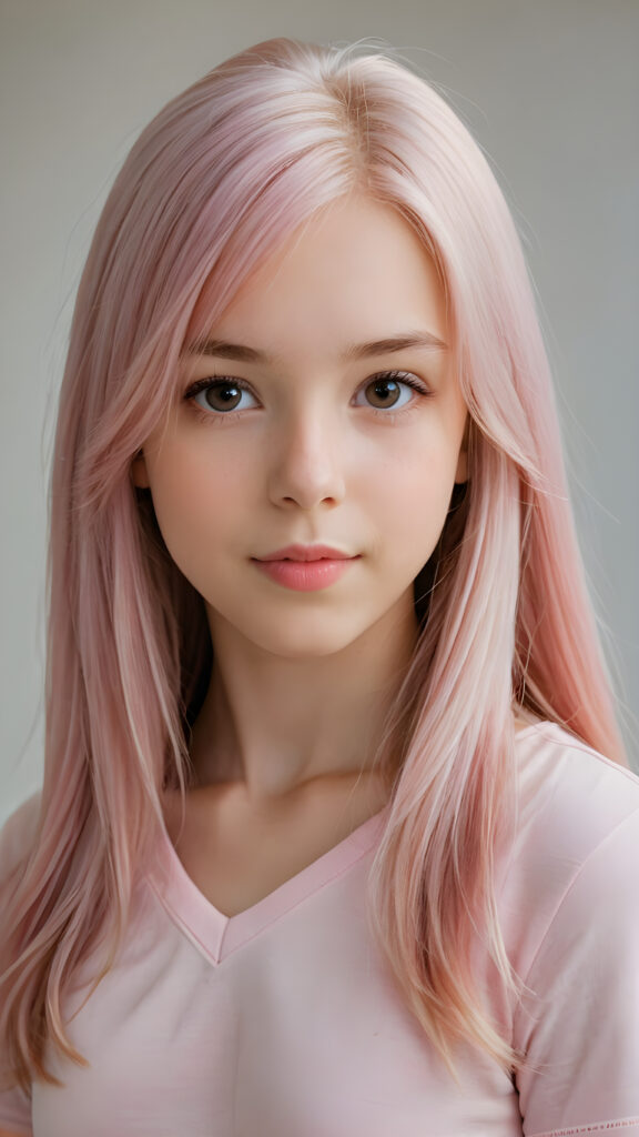 detailed and realistic close-up portrait: a (((beautiful petite teen girl, 13 years old with ((long straight soft detailed light pink hair)), side swept style with wispy layers) and brown eyes))), looks seductively and smiles gently, who exudes a distinct (((sharpness))), coupled with (((pale skin))) and (((vividly full lips))) that curve into, dressed in a (((light pink plain t-shirt, deep v-neck)))