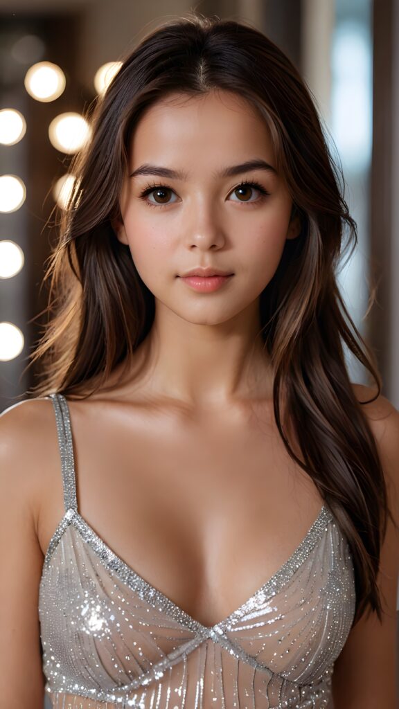 detailed and realistic photo of a young girl with flawless skin. She has long, straight brown hair that falls over her upper body. She is wearing a tight, short top which emphasizes her perfect, sculpted body and has a plunging neckline. Her gaze is seductive and she looks directly at the viewer. Her brown eyes shine and sparkle, reflecting a little light. Low light falls into the picture and casts shadows