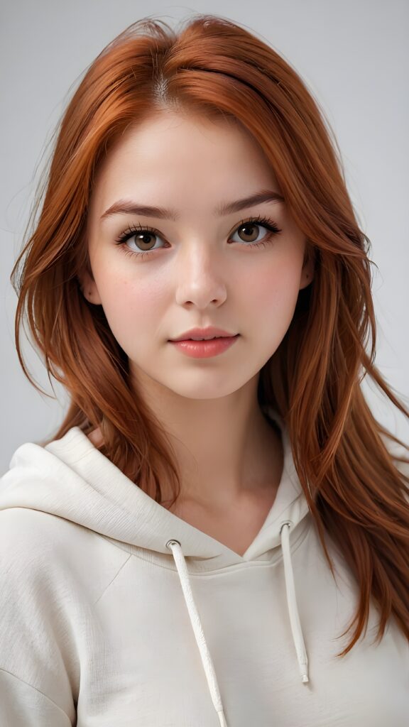 detailed and realistic photo: a beautiful, breathtaking teenage girl with soft red straight hair looks at the viewer in amazement. The hair reaches down to the shoulders and is cut straight. She has a round face, smooth, white skin and full, plump lips. Her mouth is slightly open with white teeth. The picture is bathed in warm light and creates perfect shadows. She wears a thin, tight-fitting hoodie that emphasizes her wonderful body. Her beautiful brown eyes reflect a little light. ((stunning)) ((gorgeous)) ((white background))