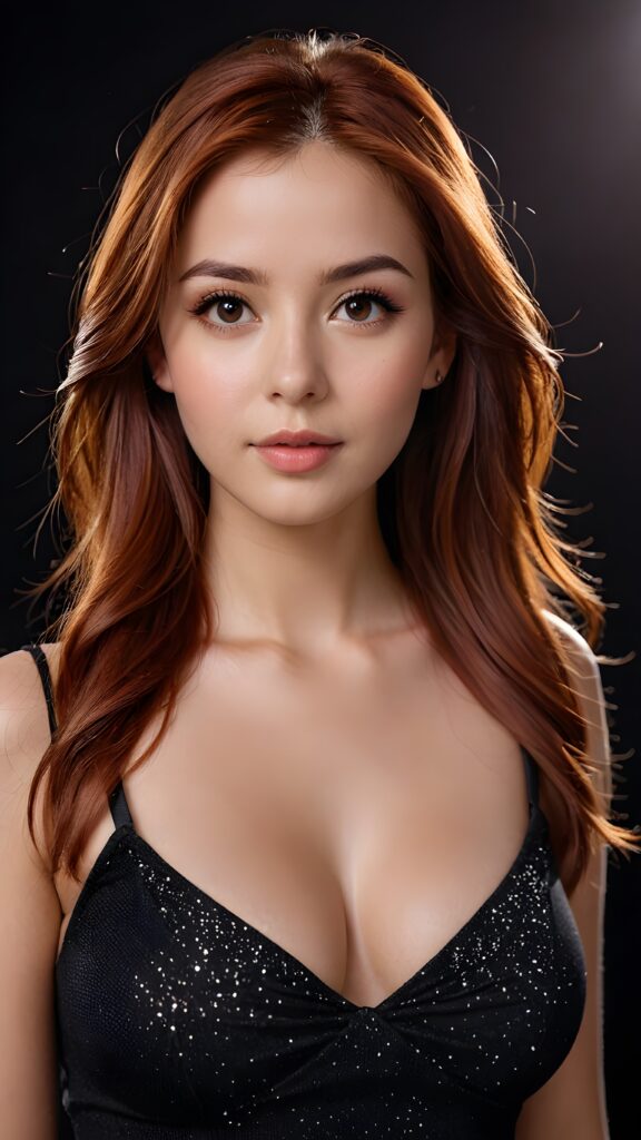 detailed and realistic photo of a young girl with flawless skin. She has long, straight red hair that falls over her upper body. She is wearing a tight, short top which emphasizes her perfect, sculpted body and has a plunging neckline. Her gaze is seductive and she looks directly at the viewer. Her brown eyes shine and sparkle, reflecting a little light. Low light falls into the picture and casts shadows, black empty backdrop