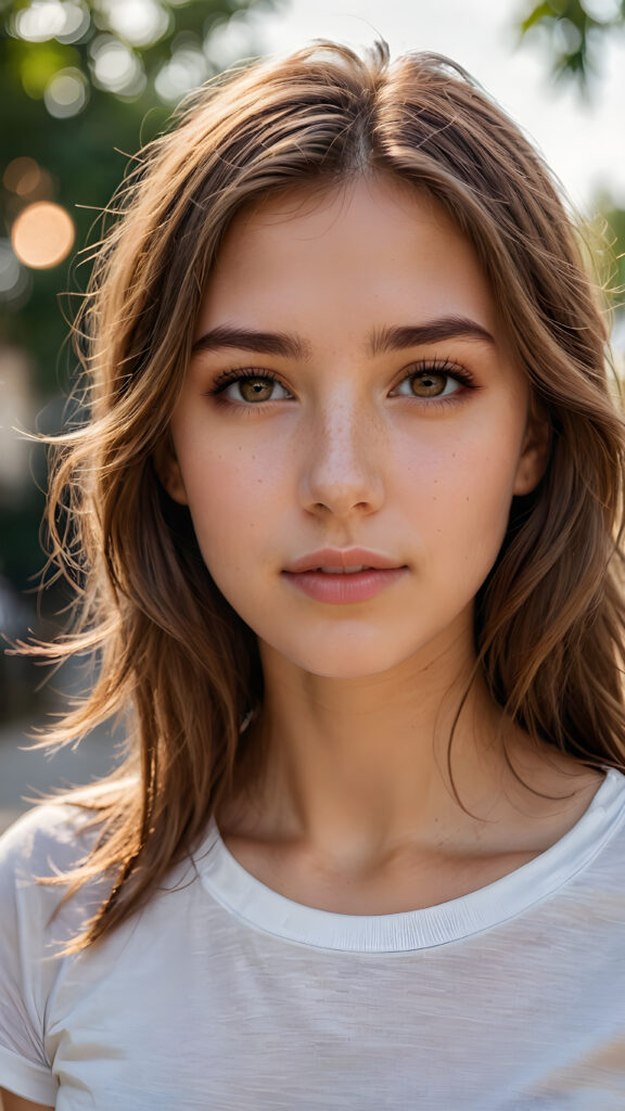 detailed and realistic photo from a young teen girl, soft brown hair, close up portrait, white t-shirt, ((gorgeous)) ((stunning))