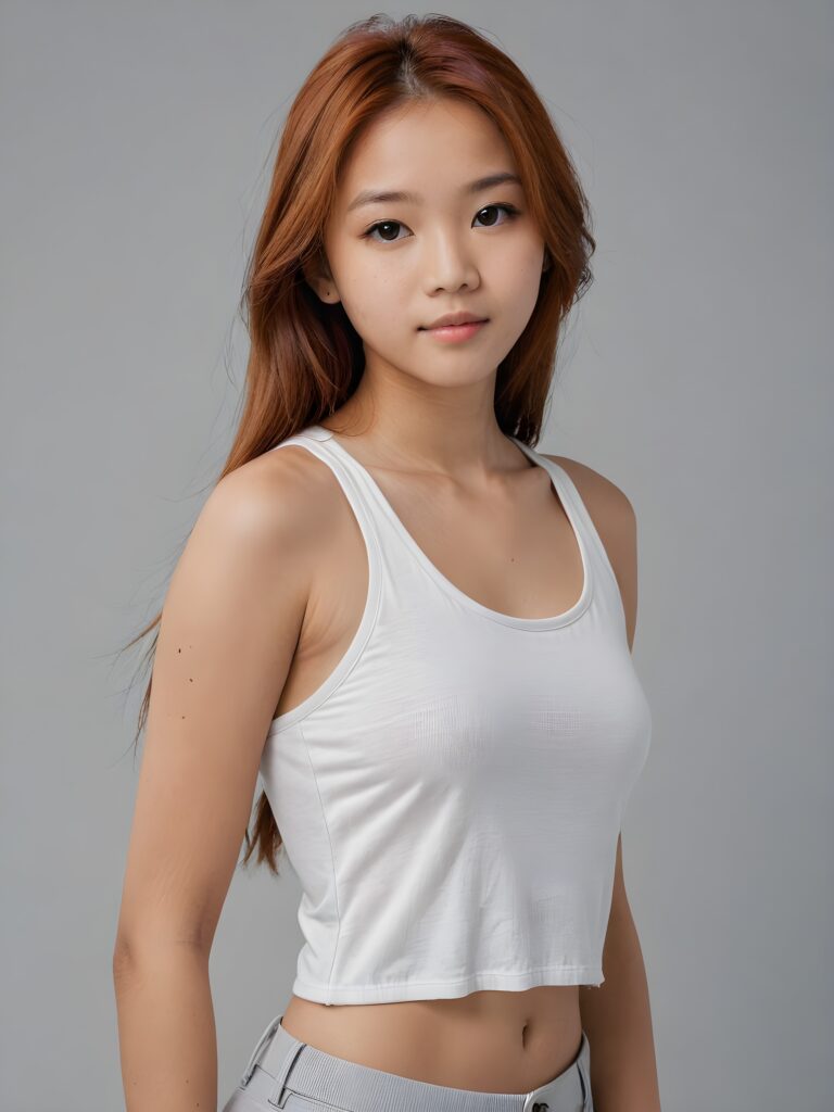 detailed and realistic portrait: an Asian teen girl, 15 years old, (((long, straight auburn-red hair))), beautifully realistic, realistic detailed angelic round face, looks at the camera, perfect curved body, (wears a super short tight (white crop tank top), perfect anatomy, side perspective, ((grey background))