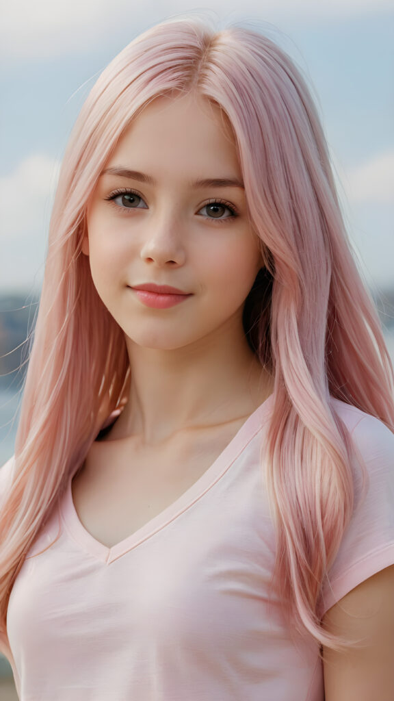 detailed and realistic close-up portrait: a (((beautiful petite teen girl, 13 years old with ((long straight soft detailed light pink hair)), side swept style with wispy layers) and brown eyes))), looks seductively and smiles gently, who exudes a distinct (((sharpness))), coupled with (((pale skin))) and (((vividly full lips))) that curve into, dressed in a (((light pink plain t-shirt, deep v-neck)))