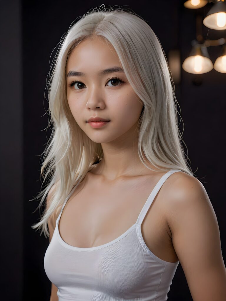 detailed and realistic portrait: an Asian teen girl, 15 years old, (((long, straight white hair))), beautifully realistic, realistic detailed angelic round face, looks at the camera, perfect curved body, (wears a super short tight (white crop tank top), perfect anatomy, side perspective, ((dark background))