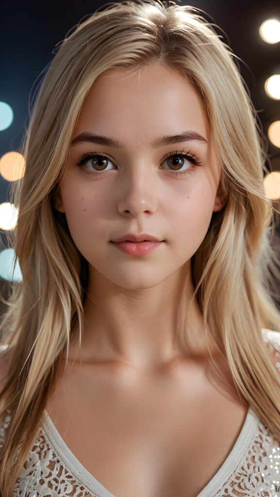 detailed and realistic photo of a young 14 years old girl with flawless skin. She has long, straight blond hair that falls over her upper body. She is wearing a tight, short top which emphasizes her perfect, sculpted body and has a plunging neckline. Her gaze is seductive and she looks directly at the viewer. Her brown eyes shine and sparkle, reflecting a little light. Low light falls into the picture and casts shadows