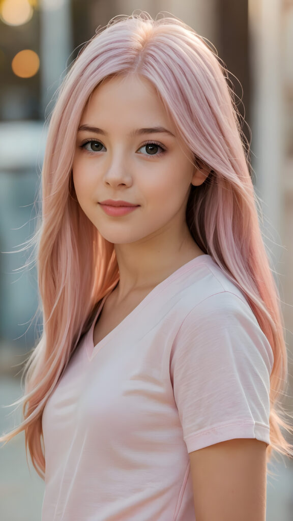 detailed and realistic close-up portrait: a (((beautiful petite teen girl, 13 years old with ((long straight soft detailed light pink hair)), side swept style with wispy layers) and brown eyes))), looks seductively and smiles gently, who exudes a distinct (((sharpness))), coupled with (((pale skin))) and (((vividly full lips))) that curve into, dressed in a (((light pink plain t-shirt, deep v-neck)))