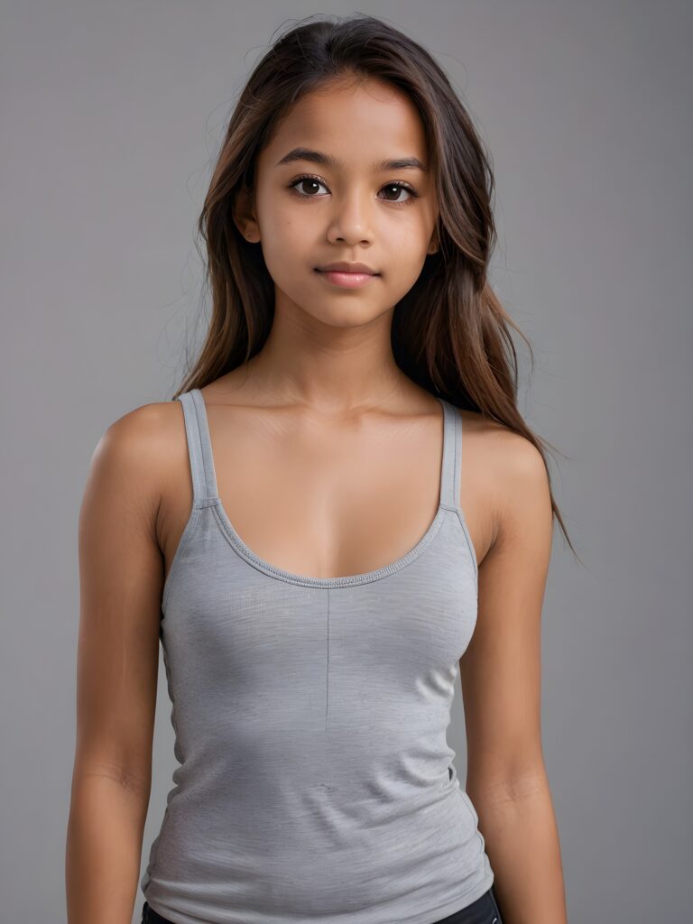 detailed and realistic portrait from a brown-skinned Exotic teen girl, 14 years old, long straight hair, realistic detailed angelic round face, perfect curved body, ((low cut tight (tank top))), perfect anatomy, side perspective, ((grey background))