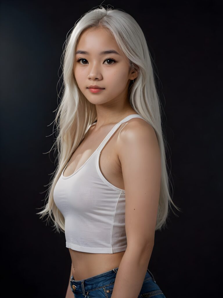 detailed and realistic portrait: an Asian teen girl, 15 years old, (((long, straight white hair))), beautifully realistic, realistic detailed angelic round face, looks at the camera, perfect curved body, (wears a super short tight (white crop tank top), perfect anatomy, side perspective, ((dark background))