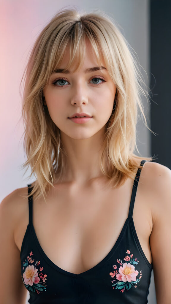 detailed and realistic photo from a young cute busty teenage girl with long blond bob cut and soft hair, with bangs, ((black tank top, deep v-neck)), ethereal, hand painted, hazy white backdrop, ((beautiful colors))