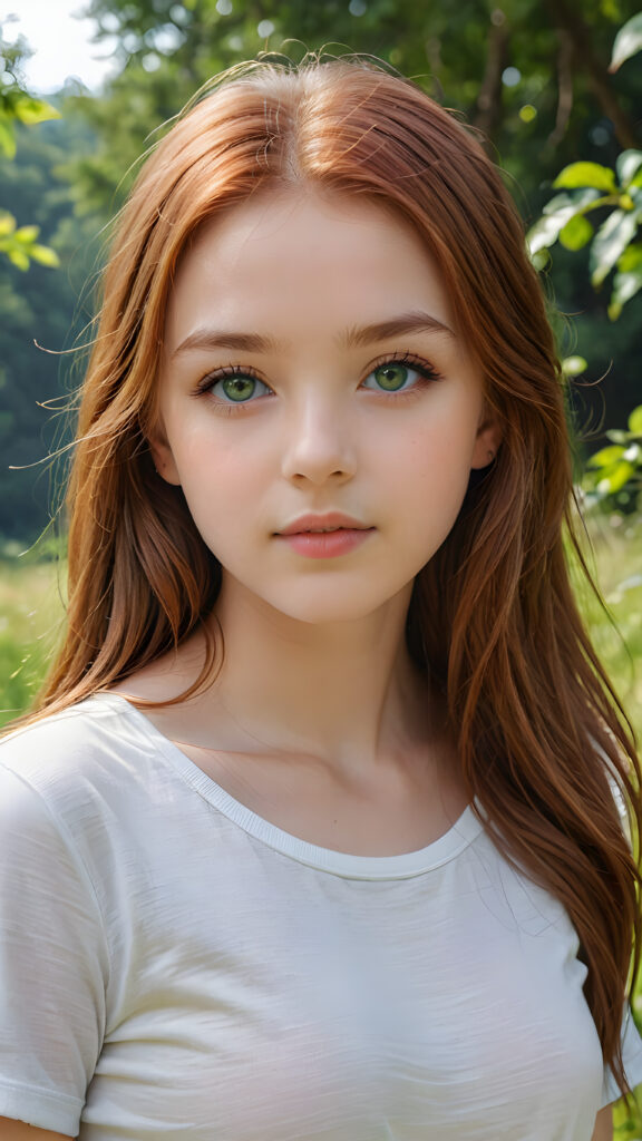 detailed and super realistic photo from the most enchanting and fascinating teen girl, with long, straight soft auburn-red hair and light green eyes, the hair covers her forehead, she is wearing a thin short white t-shirt which emphasizes her perfectly formed body, she looks seductively at the viewer and has kissable lips, natural backdrop