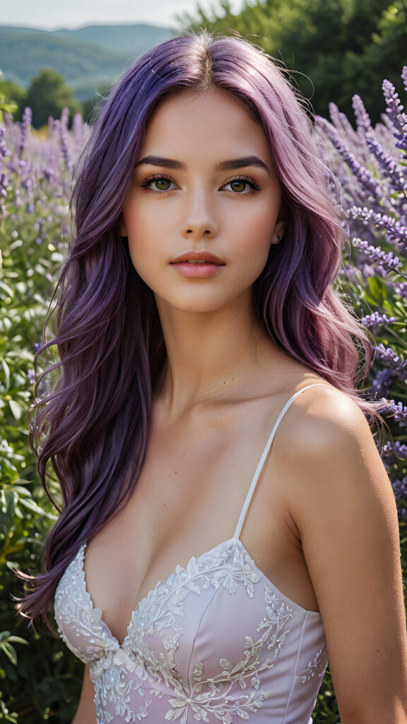 detailed and super realistic photo from a young, beautiful girl with ((long, straight jet soft purple hair)) and delicate, (natural looking) light makeup, contrasted against a background of (lavender flowers and petals). The image exudes an elegant and noble aesthetic, reminiscent of a scene from a fantasy romance film, where the character's face and dress are perfectly captured, with (accurate anatomy) and (hyper-detailed features) that convey a sense of natural beauty and sophistication, she has beautiful deep black eyes and perfectly smooth flawless skin. She has full, plump kissable lips and a slightly open mouth with white teeth. She wears a tight, white plain tank top, which emphasizes her perfectly shaped body