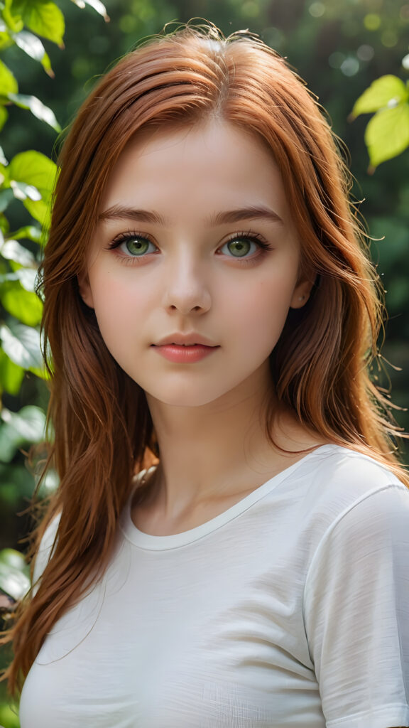 detailed and super realistic photo from the most enchanting and fascinating teen girl, with long, straight soft auburn-red hair and light green eyes, the hair covers her forehead, she is wearing a thin short white t-shirt which emphasizes her perfectly formed body, she looks seductively at the viewer and has kissable lips, natural backdrop