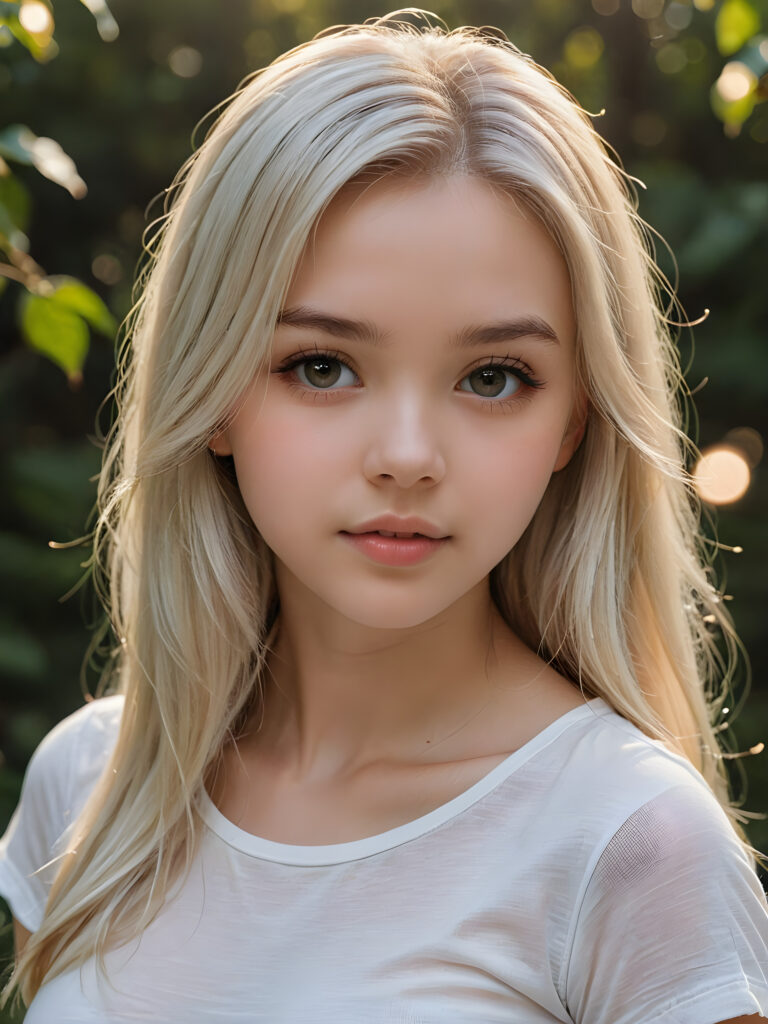 detailed and super realistic photo from the most enchanting and fascinating teen girl, 17 years old, with long, straight soft platinum hair. The hair covers her forehead. She is wearing a thin short white t-shirt which emphasizes her perfectly formed body, she looks seductively at the viewer and has kissable lips