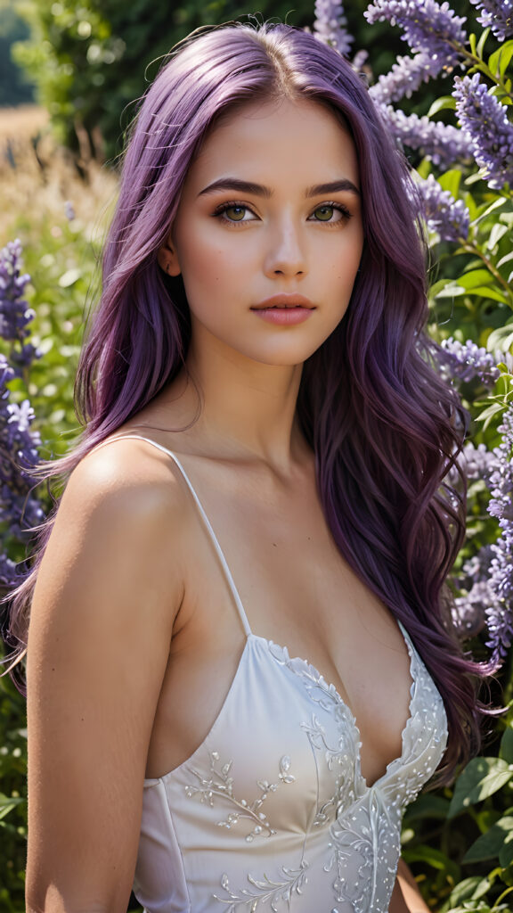 detailed and super realistic photo from a young, beautiful girl with ((long, straight jet soft purple hair)) and delicate, (natural looking) light makeup, contrasted against a background of (lavender flowers and petals). The image exudes an elegant and noble aesthetic, reminiscent of a scene from a fantasy romance film, where the character's face and dress are perfectly captured, with (accurate anatomy) and (hyper-detailed features) that convey a sense of natural beauty and sophistication, she has beautiful deep black eyes and perfectly smooth flawless skin. She has full, plump kissable lips and a slightly open mouth with white teeth. She wears a tight, white plain tank top, which emphasizes her perfectly shaped body