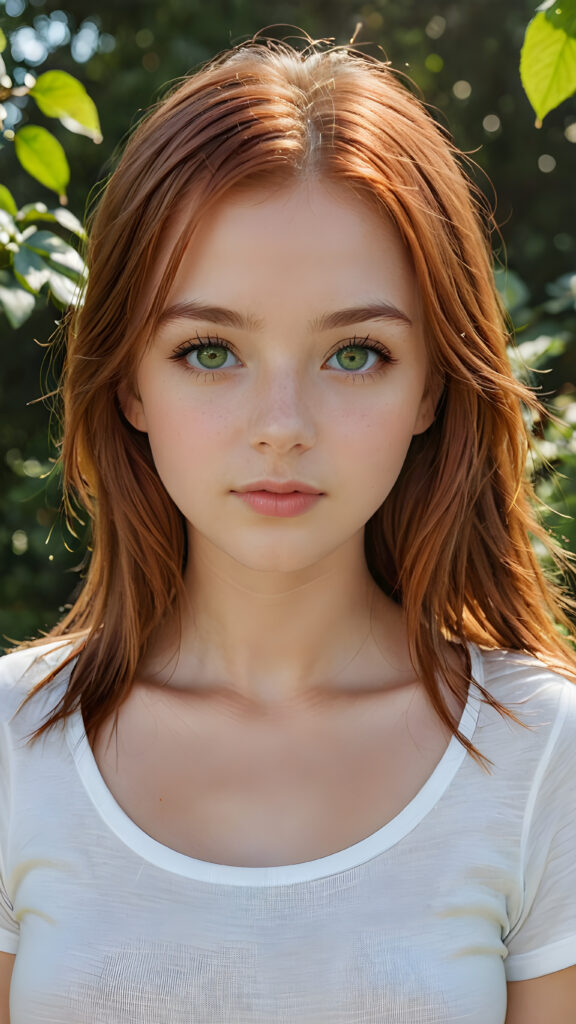 detailed and super realistic photo from the most enchanting and fascinating teen girl, with long, straight soft auburn-red hair and light green eyes, the hair covers her forehead, she is wearing a thin short white t-shirt which emphasizes her perfectly formed body, she looks seductively at the viewer and has kissable lips, natural backdrop