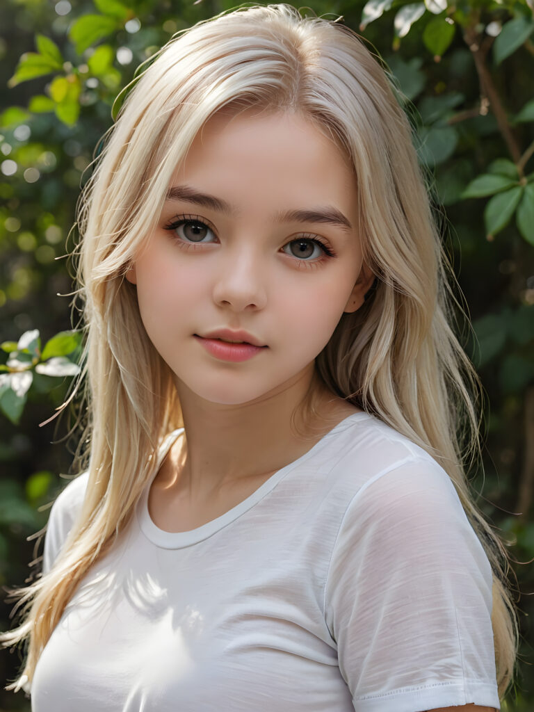 detailed and super realistic photo from the most enchanting and fascinating teen girl, 17 years old, with long, straight soft platinum hair. The hair covers her forehead. She is wearing a thin short white t-shirt which emphasizes her perfectly formed body, she looks seductively at the viewer and has kissable lips