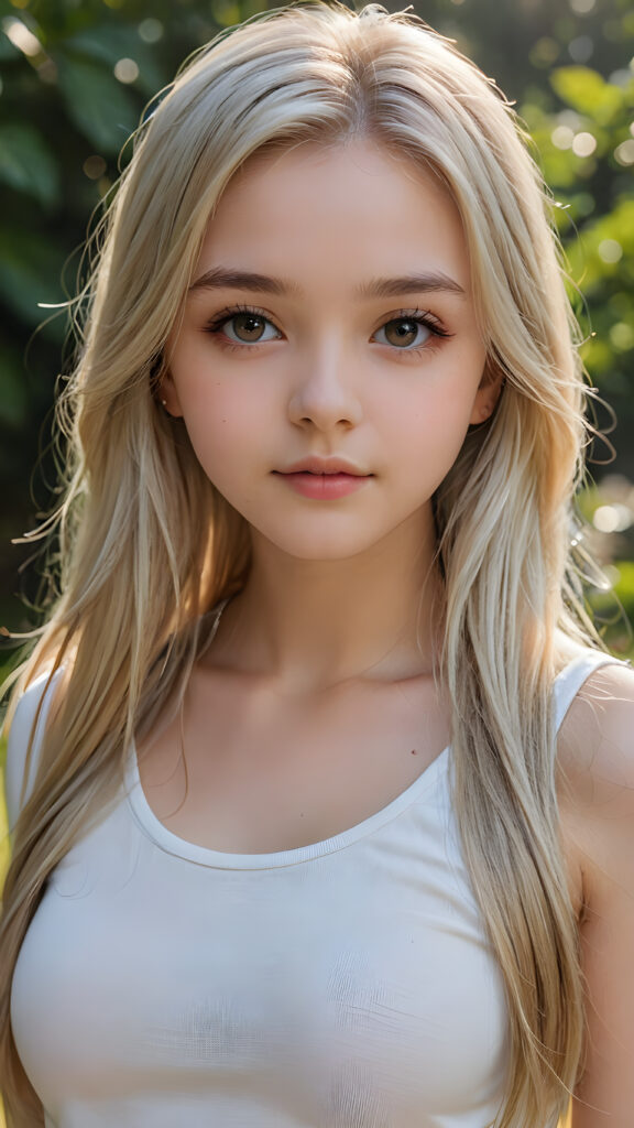 detailed and super realistic photo from the most enchanting and fascinating teen girl, 17 years old, with long, straight soft platinum hair. The hair covers her forehead. She is wearing a thin short white t-shirt which emphasizes her perfectly formed body, she looks seductively at the viewer and has kissable lips