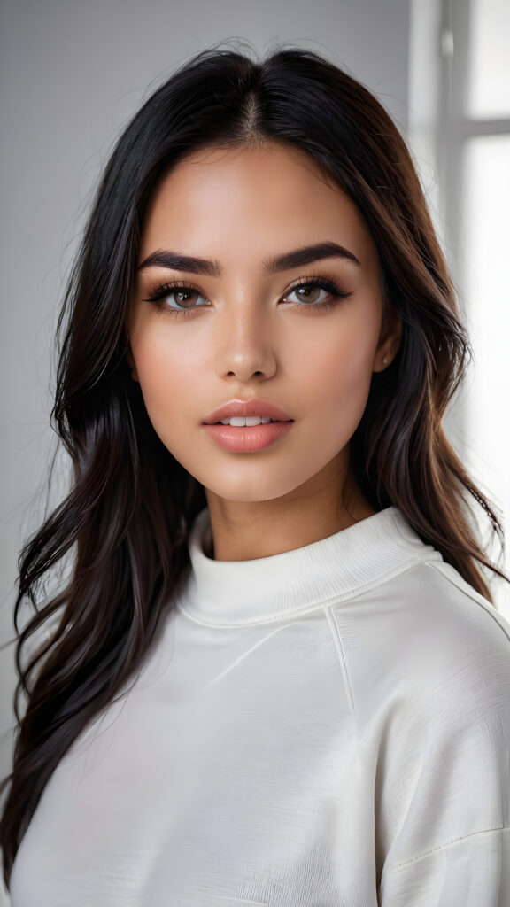 detailed and super realistic photo from a young, beautiful young model girl with silky, smooth, shiny long straight soft obsidian black straight hair, beautiful deep black eyes, perfectly smooth flawless skin. She has full, plump kissable lips and a slightly open mouth with white teeth. She wears a tight, white plain sweatshirt, which emphasizes her perfectly shaped body, against a empty backdrop