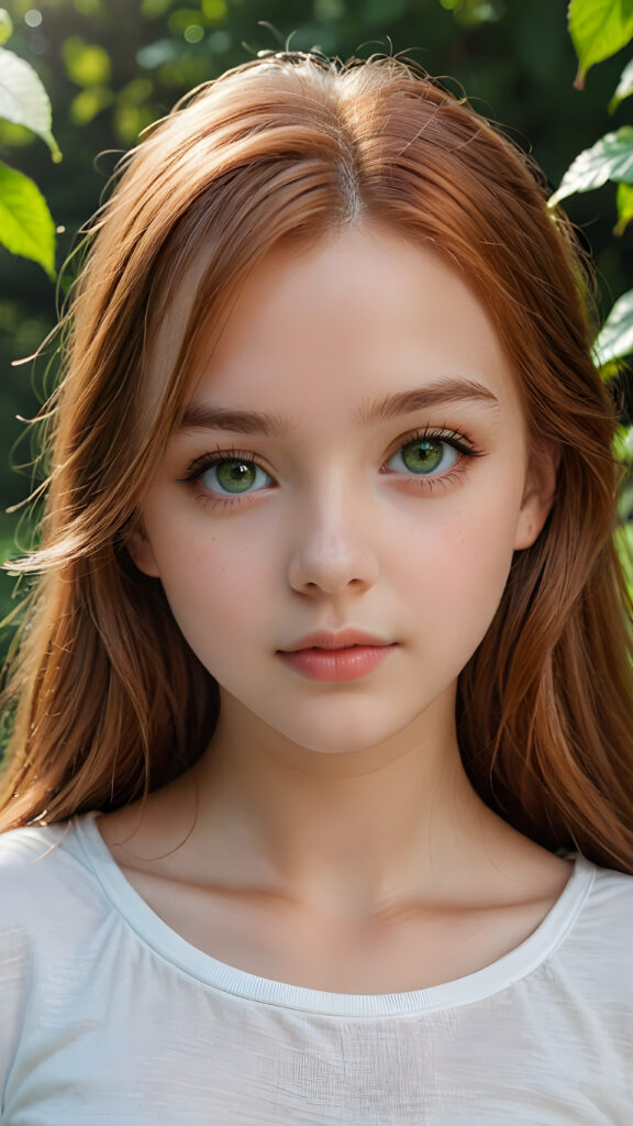 detailed and super realistic photo from the most enchanting and fascinating teen girl, with long, straight soft auburn-red hair and light green eyes, the hair covers her forehead, she is wearing a thin short white t-shirt which emphasizes her perfectly formed body, she looks seductively at the viewer and has kissable lips, natural backdrop