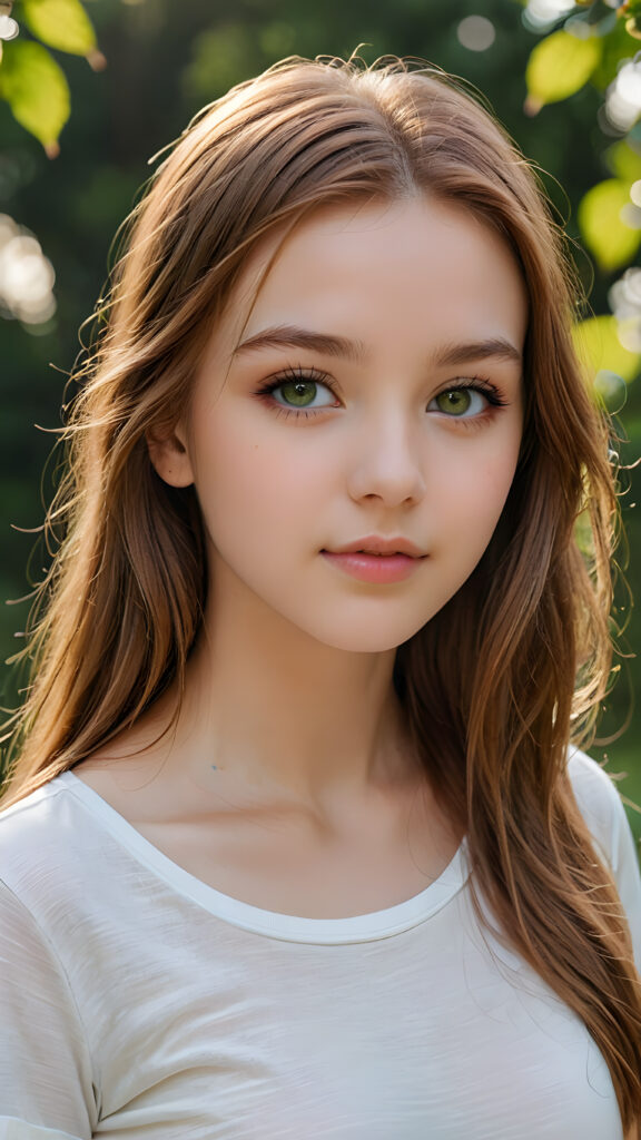 detailed and super realistic photo from the most enchanting and fascinating teen girl, 17 years old, with long, straight soft auburn hair and light green eyes, the hair covers her forehead, she is wearing a thin short white t-shirt which emphasizes her perfectly formed body, she looks seductively at the viewer and has kissable lips, natural backdrop