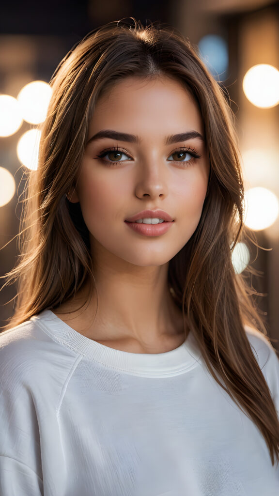 detailed and super realistic photo from a young, beautiful girl with silky, smooth, shiny light brown straight hair, beautiful deep black eyes, perfectly smooth flawless skin. She has full, plump kissable lips and a slightly open mouth with white teeth. She wears a tight, white plain sweatshirt, which emphasizes her perfectly shaped body.