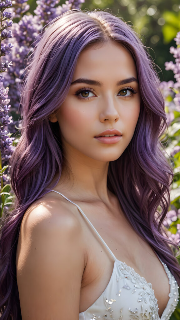 detailed and super realistic photo from a young, beautiful girl with ((long, straight jet soft purple hair)) and delicate, (natural looking) light makeup, contrasted against a background of (lavender flowers and petals). The image exudes an elegant and noble aesthetic, reminiscent of a scene from a fantasy romance film, where the character's face and dress are perfectly captured, with (accurate anatomy) and (hyper-detailed features) that convey a sense of natural beauty and sophistication, she has beautiful deep black eyes and perfectly smooth flawless skin. She has full, plump kissable lips and a slightly open mouth with white teeth. She wears a tight, white plain tank top, which emphasizes her perfectly shaped body