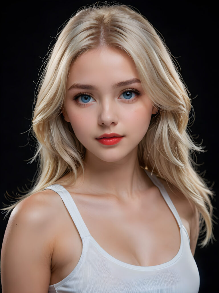 detailed and super realistic upper-body photo ((view form the side)), from the most enchanting and fascinating teenage girl, with ((straight soft platinum long hair falls over her upper body)), ((round face with light blue eyes)), the hair covers her forehead, she is ((wearing a thin short (white tank top))) which emphasizes her perfectly formed body, she looks seductively at the viewer and has (plump red lips)) and flawless, smooth skin, dimmed light and perfect shadows support the image ((black background)), ((gorgeous))