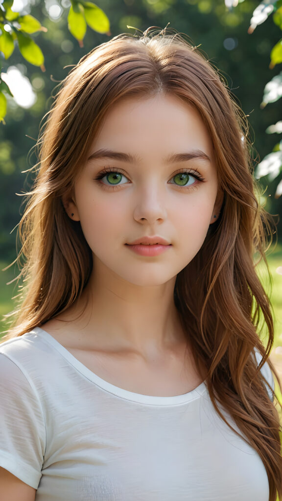 detailed and super realistic photo from the most enchanting and fascinating teen girl, 17 years old, with long, straight soft auburn hair and light green eyes, the hair covers her forehead, she is wearing a thin short white t-shirt which emphasizes her perfectly formed body, she looks seductively at the viewer and has kissable lips, natural backdrop