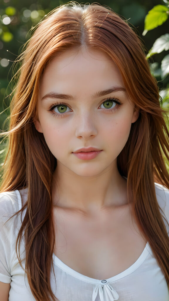 detailed and super realistic photo from the most enchanting and fascinating teen girl, with long, straight soft auburn-red hair and light green eyes, the hair covers her forehead, she is wearing a thin short white t-shirt which emphasizes her perfectly formed body, she looks seductively at the viewer and has kissable lips, natural backdrop