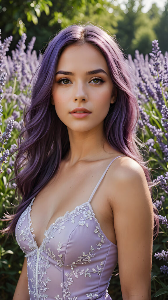 detailed and super realistic photo from a young, beautiful girl with ((long, straight jet soft purple hair)) and delicate, (natural looking) light makeup, contrasted against a background of (lavender flowers and petals). The image exudes an elegant and noble aesthetic, reminiscent of a scene from a fantasy romance film, where the character's face and dress are perfectly captured, with (accurate anatomy) and (hyper-detailed features) that convey a sense of natural beauty and sophistication, she has beautiful deep black eyes and perfectly smooth flawless skin. She has full, plump kissable lips and a slightly open mouth with white teeth. She wears a tight, white plain tank top, which emphasizes her perfectly shaped body